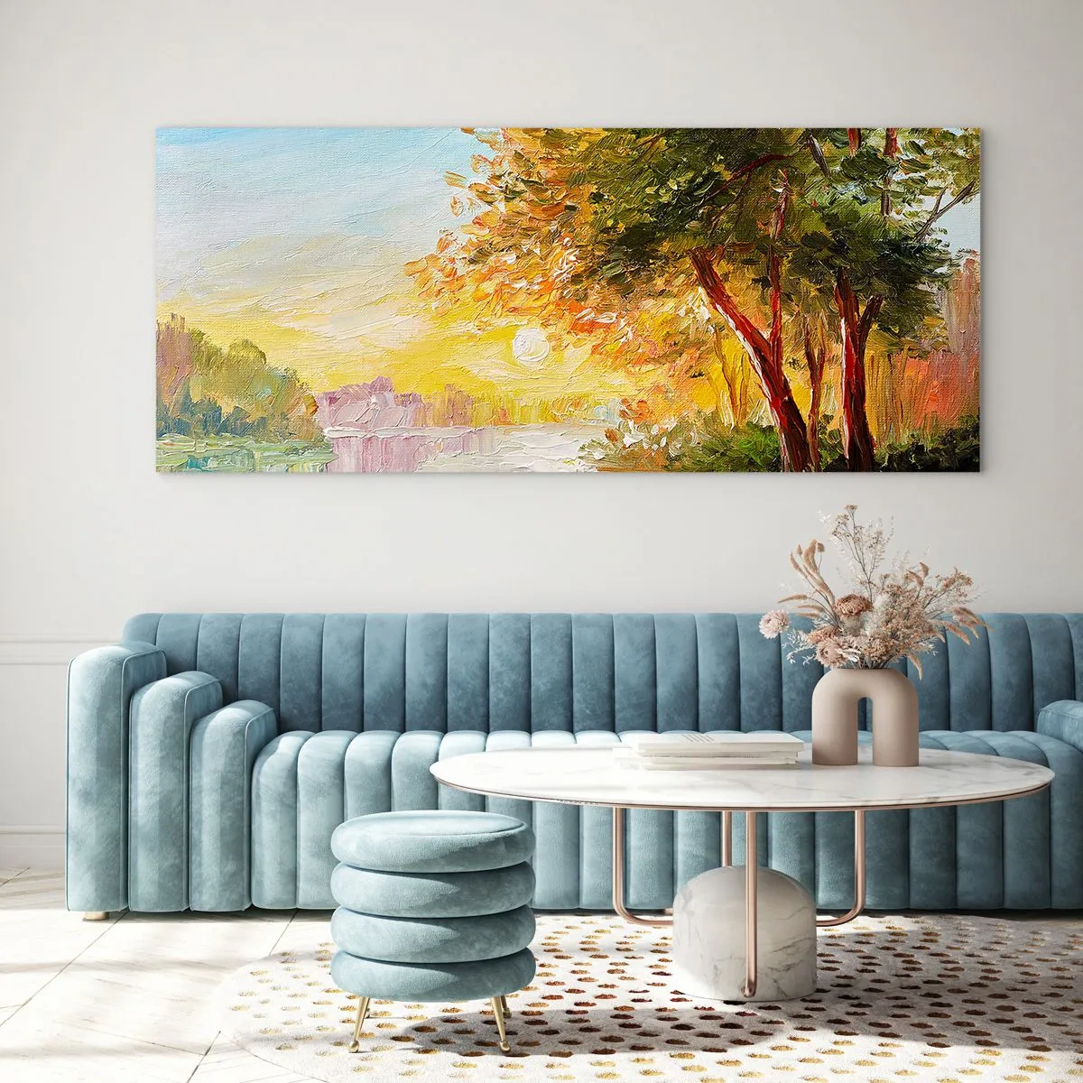 Impression sur verre - Image sur verre - Un paysage pittoresque avec une rivière et des arbres au coucher du soleil - 160x50cm - Et in Arcadia ego - Décoration murale moderne pour le salon et la chambre ARTTOR