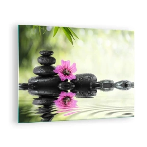 Impression sur verre - Image sur verre - Pierres noires et une fleur rose sur fond de nature - 70x50cm - Temps pour l'âme - Décoration murale moderne pour le salon et la chambre ARTTOR