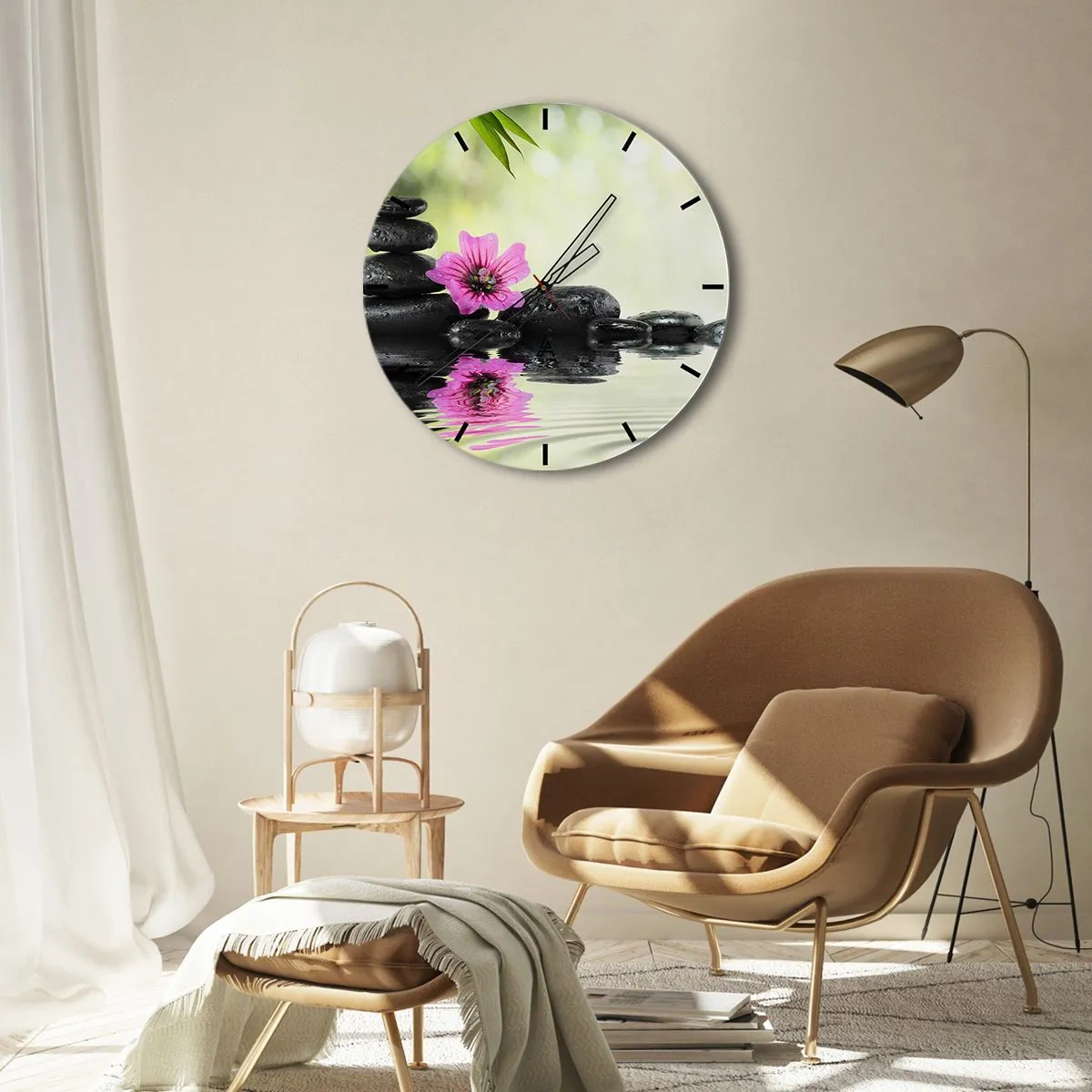 Horloge murale - Pendule murale - Pierres zen avec une fleur rose sur fond naturel - 30x30cm - Temps pour l'âme - Décoration murale moderne pour le salon, la cuisine et la chambre ARTTOR