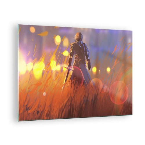 Impression sur verre - Image sur verre - Une silhouette en armure parmi l'herbe orange avec un fond lumineux. - 70x50cm - Chevalier errant - Décoration murale moderne pour le salon et la chambre ARTTOR