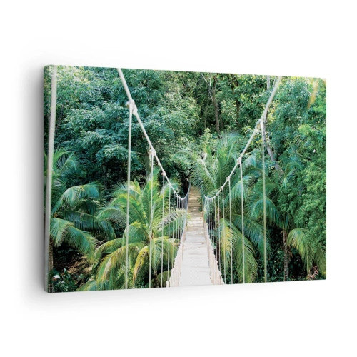 Impression sur toile - Image sur toile - Un pont suspendu dans une jungle tropicale pleine de verdure - 70x50cm - Welcome to the jungle! - Décoration murale moderne pour le salon et la chambre ARTTOR