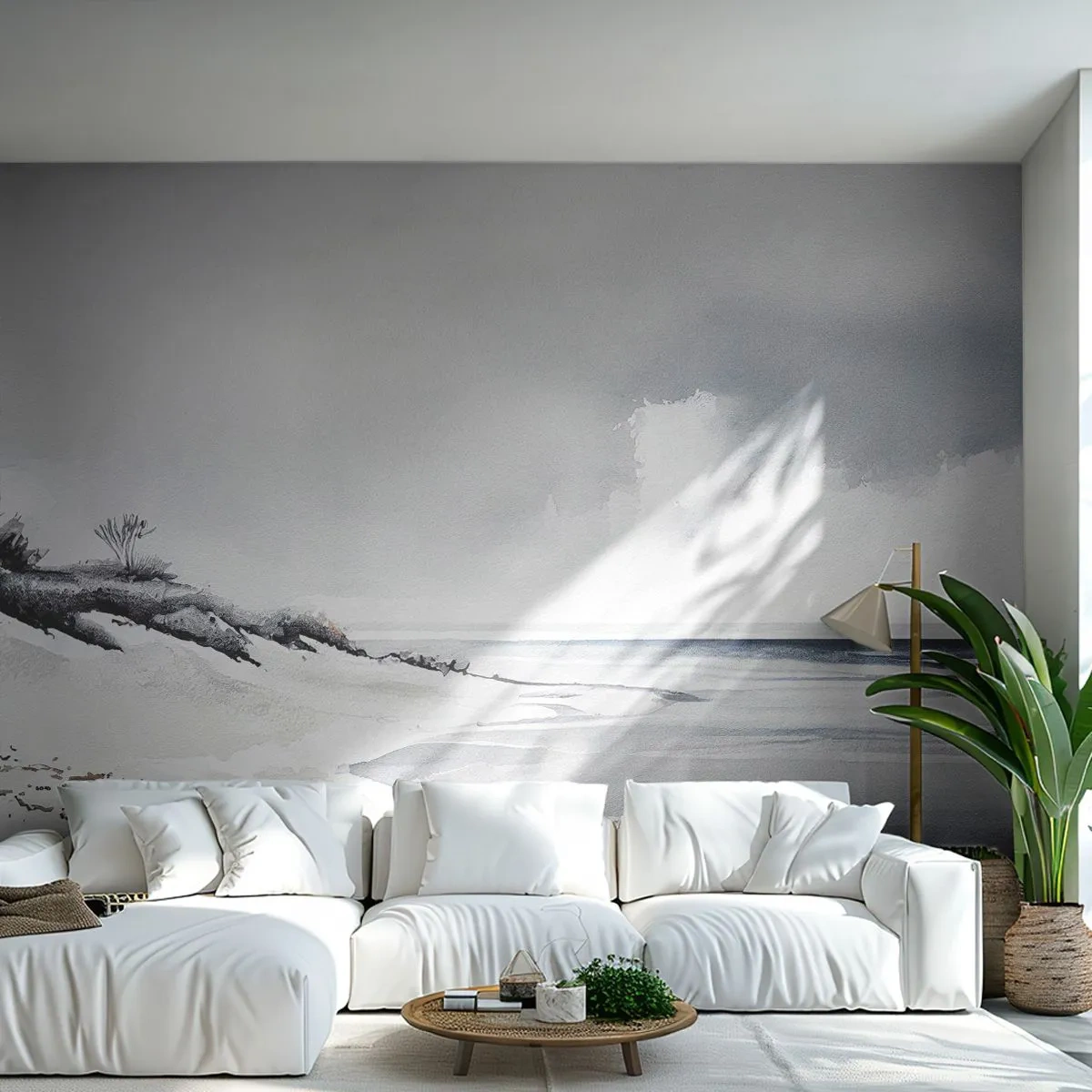 Papier Peint Photo Premium Sand - Ciel gris et mer calme à côté d'une plage blanche et vide - 100x70cm - Ensemble depuis toujours - Décoration murale moderne pour le salon et la chambre ARTTOR
