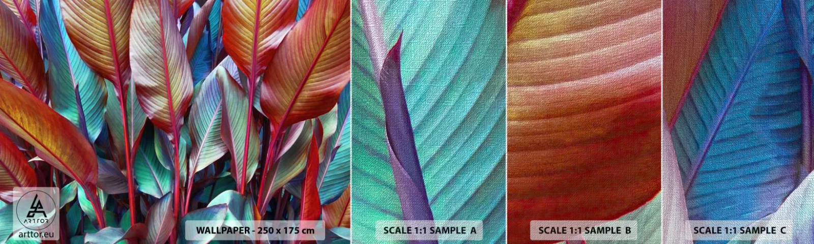 Échantillon de Papier Peint Premium Canvas - Un fourré coloré - Feuilles, Botanique, Bohème - 100x30 cm