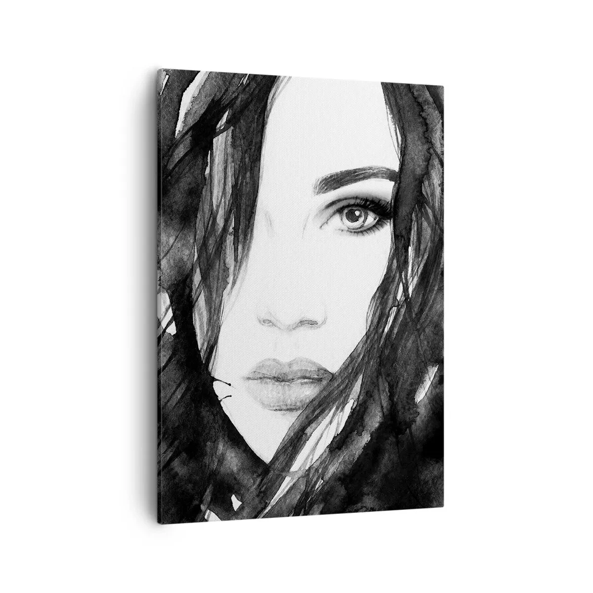 Impression sur toile - Image sur toile - Portrait de femme à l'aquarelle noir et blanc - 50x70cm - Portrait d'une dame en noir et blanc - Décoration murale moderne pour le salon et la chambre ARTTOR