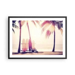 Affiche dans un cadre noir - Poster - Palmiers et planches de surf sur la plage au soleil - 70x50cm - Ca va être une journée magnifique - Décoration murale moderne pour le salon et la chambre ARTTOR
