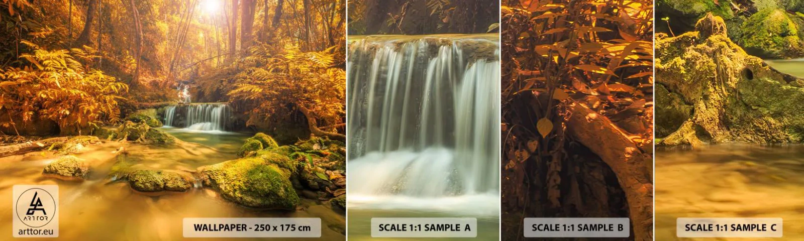Échantillon De Papier Peint Standard Eco - Cascade de forêt en or - Paysage, Cascade, Thaïlande - 100x30 cm