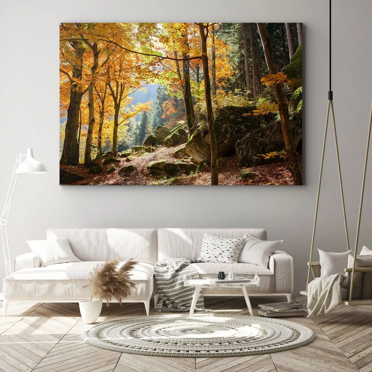 Impression sur toile - Image sur toile - Une forêt d'automne pleine de feuilles dorées et de soleil - 100x70cm - Il est temps de se détendre - Décoration murale moderne pour le salon et la chambre ARTTOR