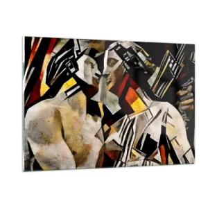 Impression sur verre - Image sur verre - Couple abstrait aux motifs géométriques - 120x80cm - Un baiser sculptural - Décoration murale moderne pour le salon et la chambre ARTTOR