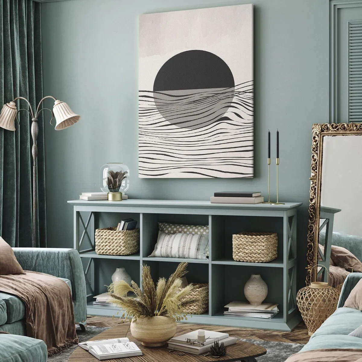 Impression sur toile - Image sur toile - Lignes abstraites et formes géométriques aux couleurs douces - 70x100cm - Demi composition - Décoration murale moderne pour le salon et la chambre ARTTOR