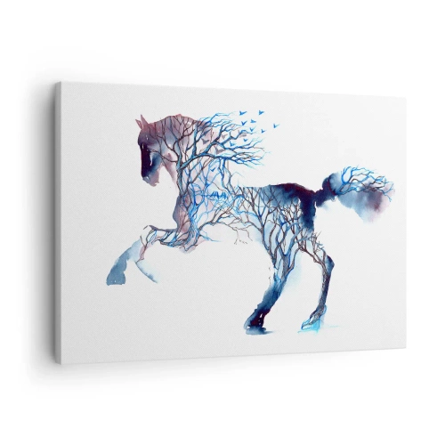 Impression sur toile - Image sur toile - Graphique artistique de cheval avec des motifs d'arbres et d'oiseaux - 70x50cm - Comme si la forêt avait bougé - Décoration murale moderne pour le salon et la chambre ARTTOR
