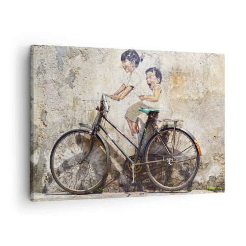 Impression sur toile - Image sur toile - Street art avec un vélo et des dessins d'enfants sur le mur - 70x50cm - Vrai ou faux? - Décoration murale moderne pour le salon et la chambre ARTTOR
