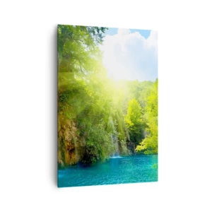 Impression sur toile - Image sur toile - Une cascade se jetant dans un lac turquoise entouré de verdure - 70x100cm - Ce doit être le paradis ici - Décoration murale moderne pour le salon et la chambre ARTTOR