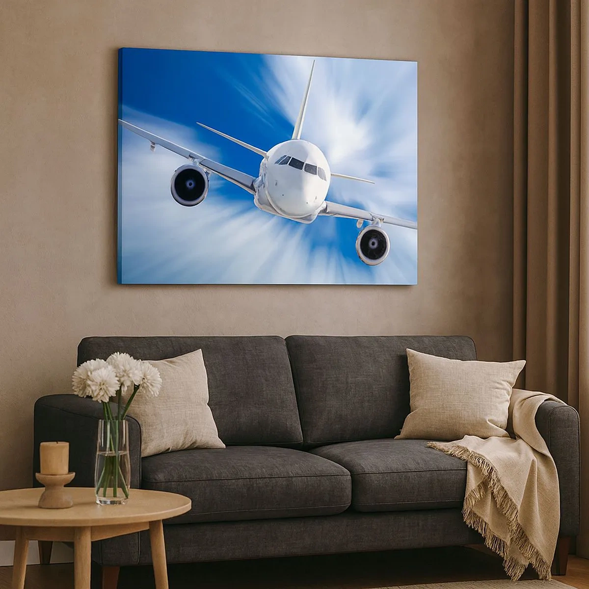 Impression sur toile - Image sur toile - Un avion de ligne en mouvement dans le ciel - 70x50cm - Plus vite que le vent dans le ciel - Décoration murale moderne pour le salon et la chambre ARTTOR