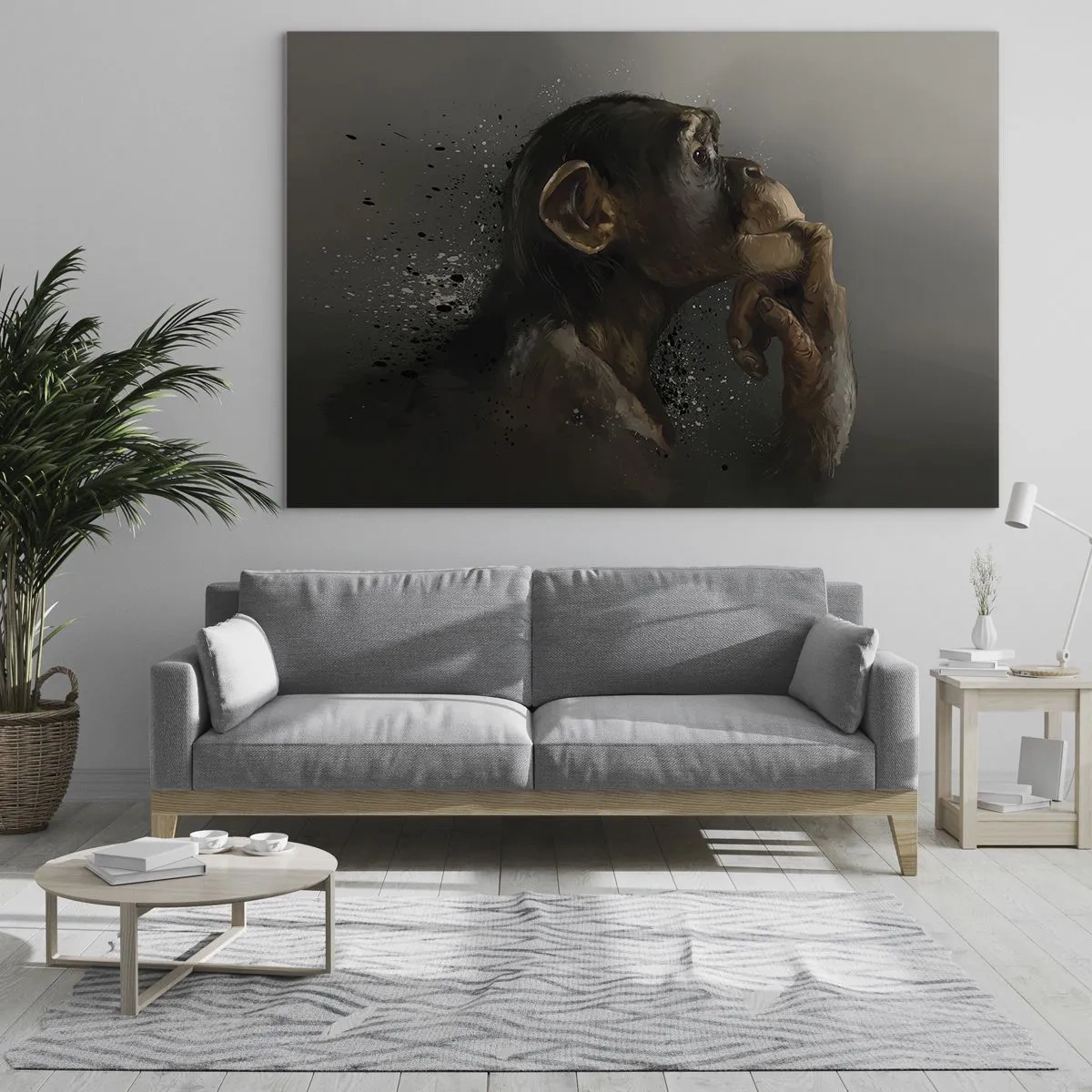 Impression sur verre - Image sur verre - Un singe pensif sur un fond sombre avec un effet d'éclaboussure - 100x70cm - Certainement un penseur - Décoration murale moderne pour le salon et la chambre ARTTOR