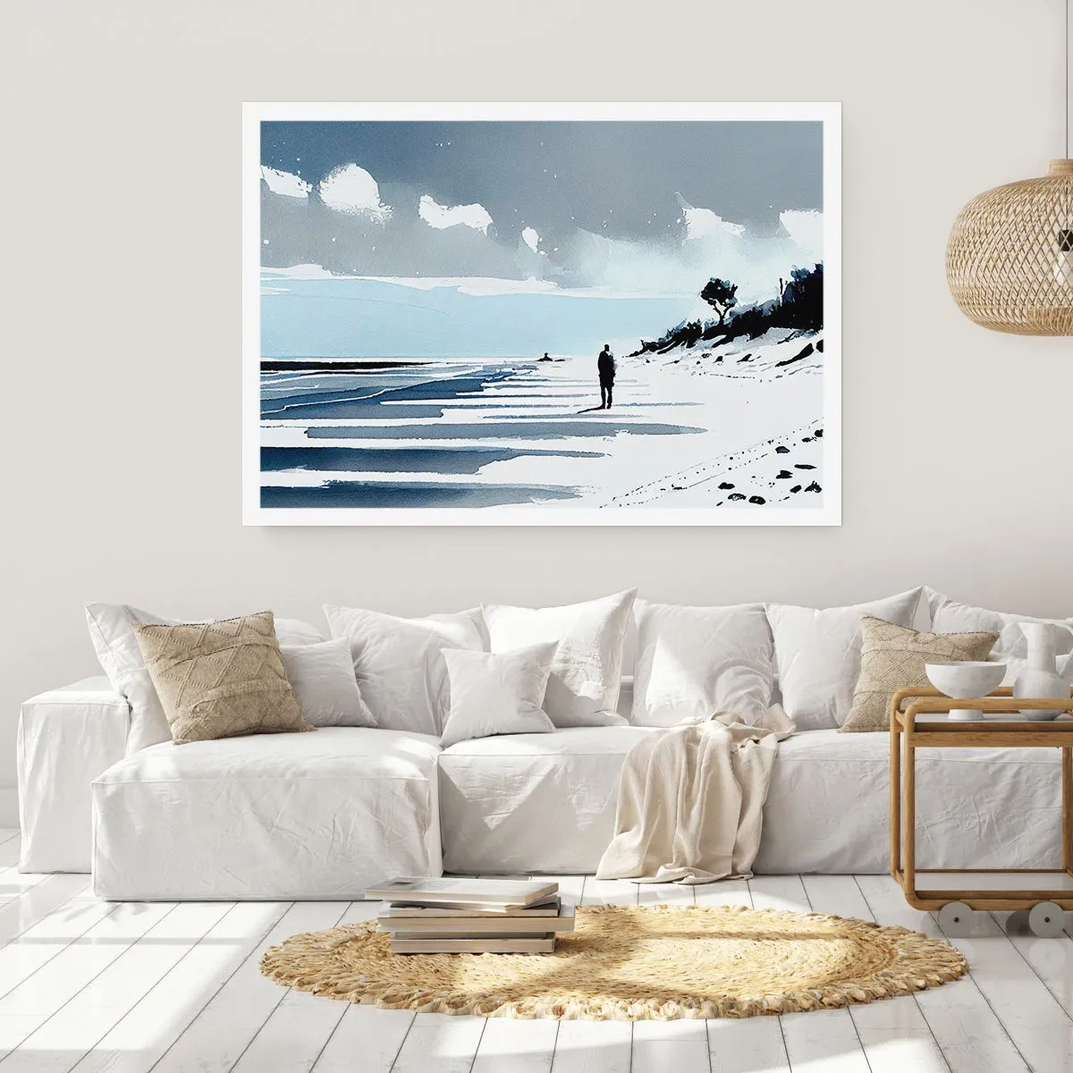 Affiche - Poster - Une silhouette solitaire marchant sur une plage déserte - 100x70cm - Seul à seul - Décoration murale moderne pour le salon et la chambre ARTTOR