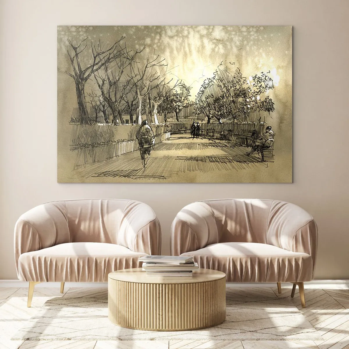 Impression sur verre - Image sur verre - Un dessin d'un parc avec des sentiers et des gens qui marchent - 70x50cm - Un moment arrêté avec une plume - Décoration murale moderne pour le salon et la chambre ARTTOR