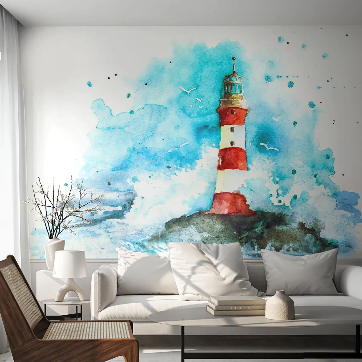 Papier Peint Photo Premium Canvas - Un phare dans un décor aquarelle sur fond bleu - 100x70cm - Unité des éléments - Décoration murale moderne pour le salon et la chambre ARTTOR