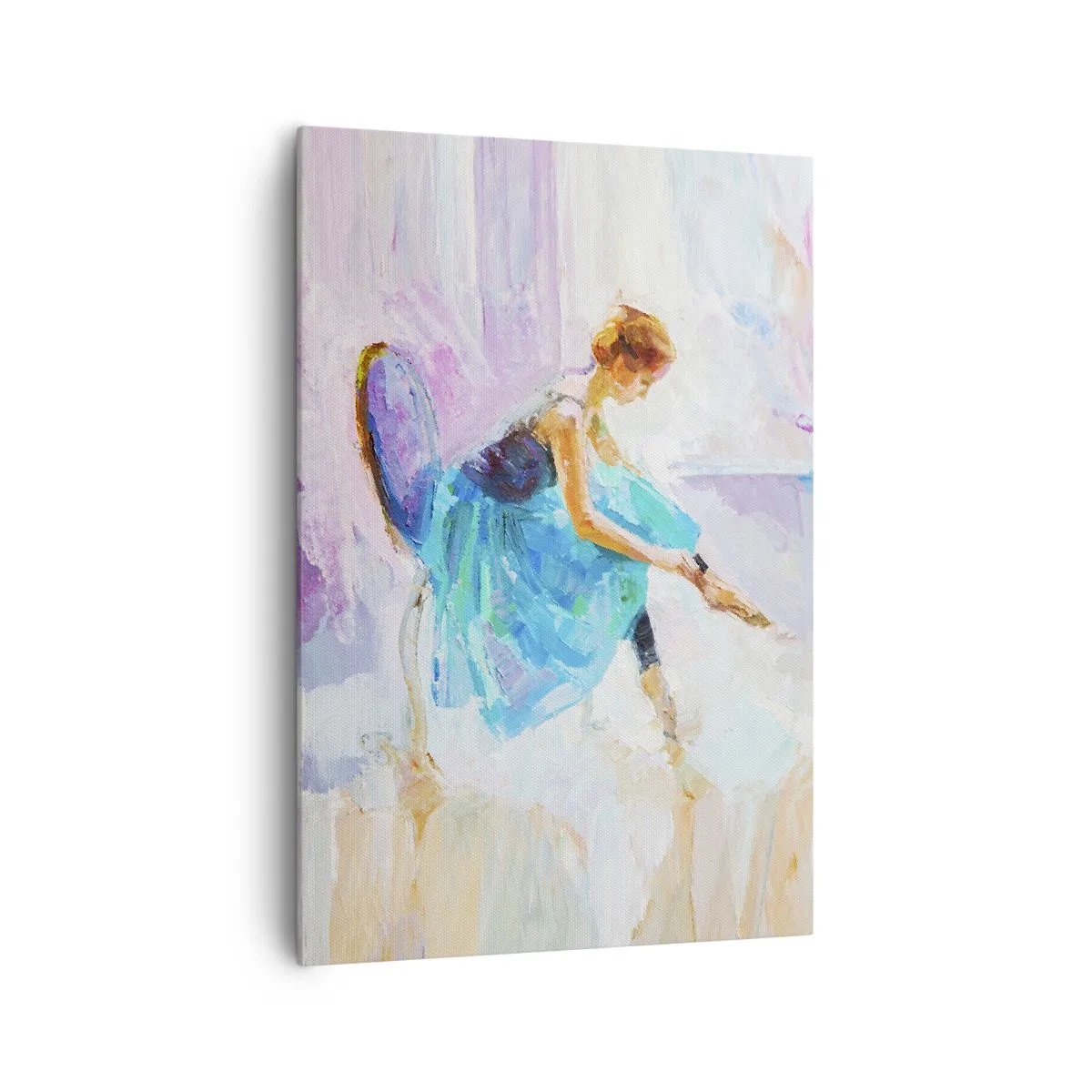 Impression sur toile - Image sur toile - Une ballerine se prépare à danser dans des tons pastel. - 70x100cm - Grâce ineffable, charme subtil - Décoration murale moderne pour le salon et la chambre ARTTOR