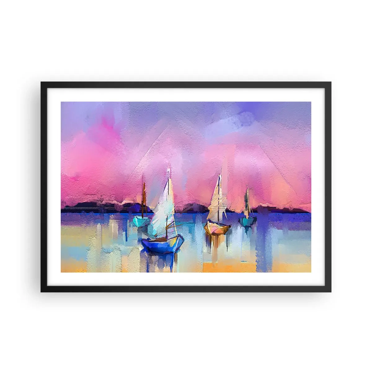 Affiche dans un cadre noir - Poster - Voiliers sur une mer calme aux couleurs pastel du coucher de soleil - 70x50cm - Direction: les eaux larges - Décoration murale moderne pour le salon et la chambre ARTTOR