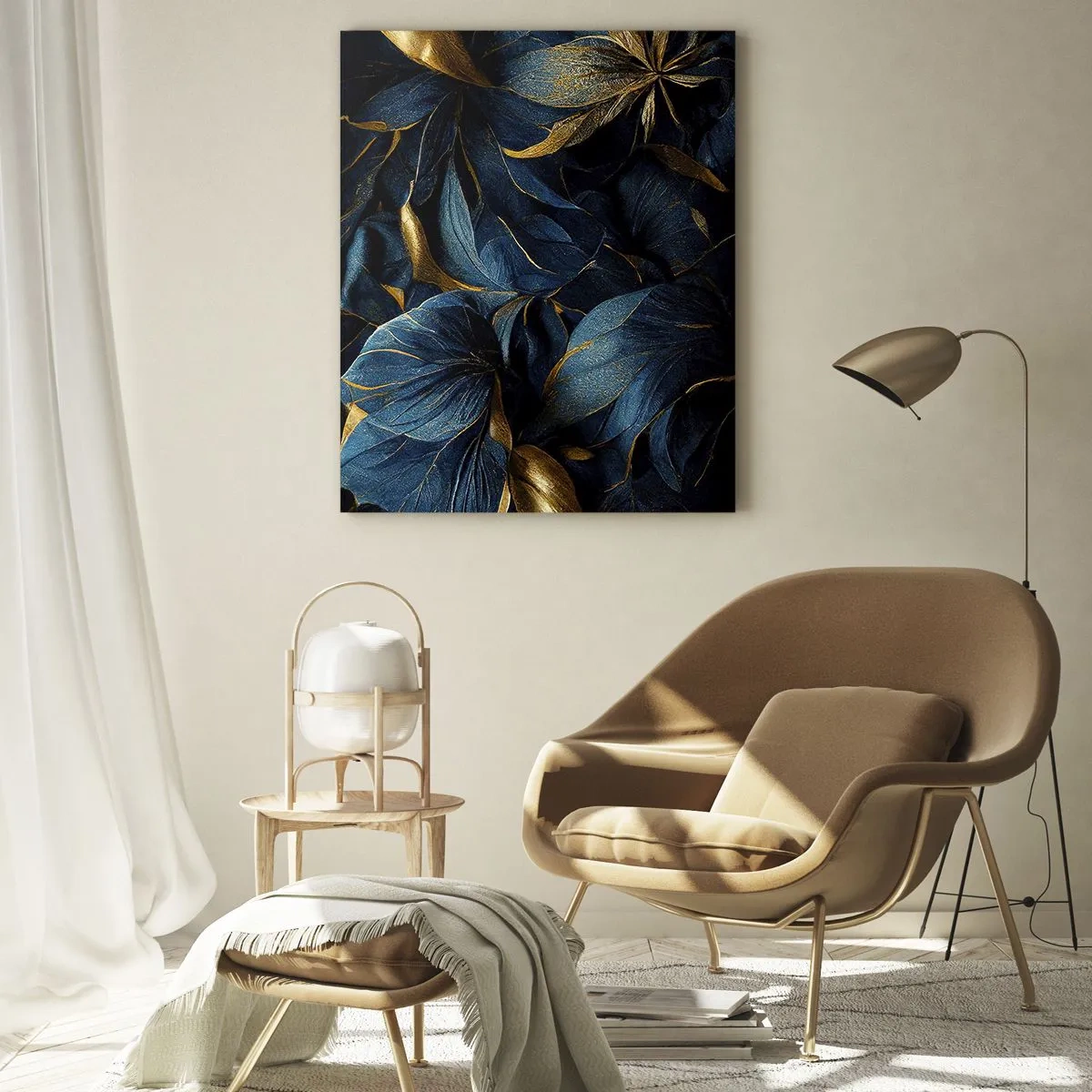 Impression sur verre - Image sur verre - Feuilles bleu foncé avec de subtils accents dorés - 50x70cm - Des dessous dorés - Décoration murale moderne pour le salon et la chambre ARTTOR