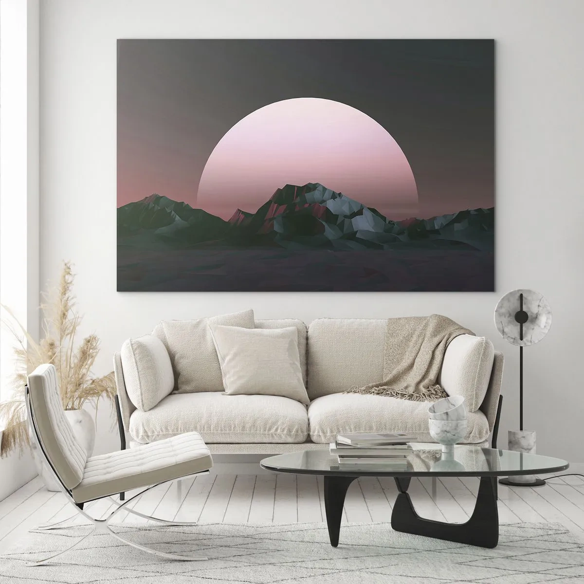 Impression sur verre - Image sur verre - Paysage abstrait avec des montagnes géométriques et un soleil rose. - 120x80cm - Dans une galaxie voisine - Décoration murale moderne pour le salon et la chambre ARTTOR