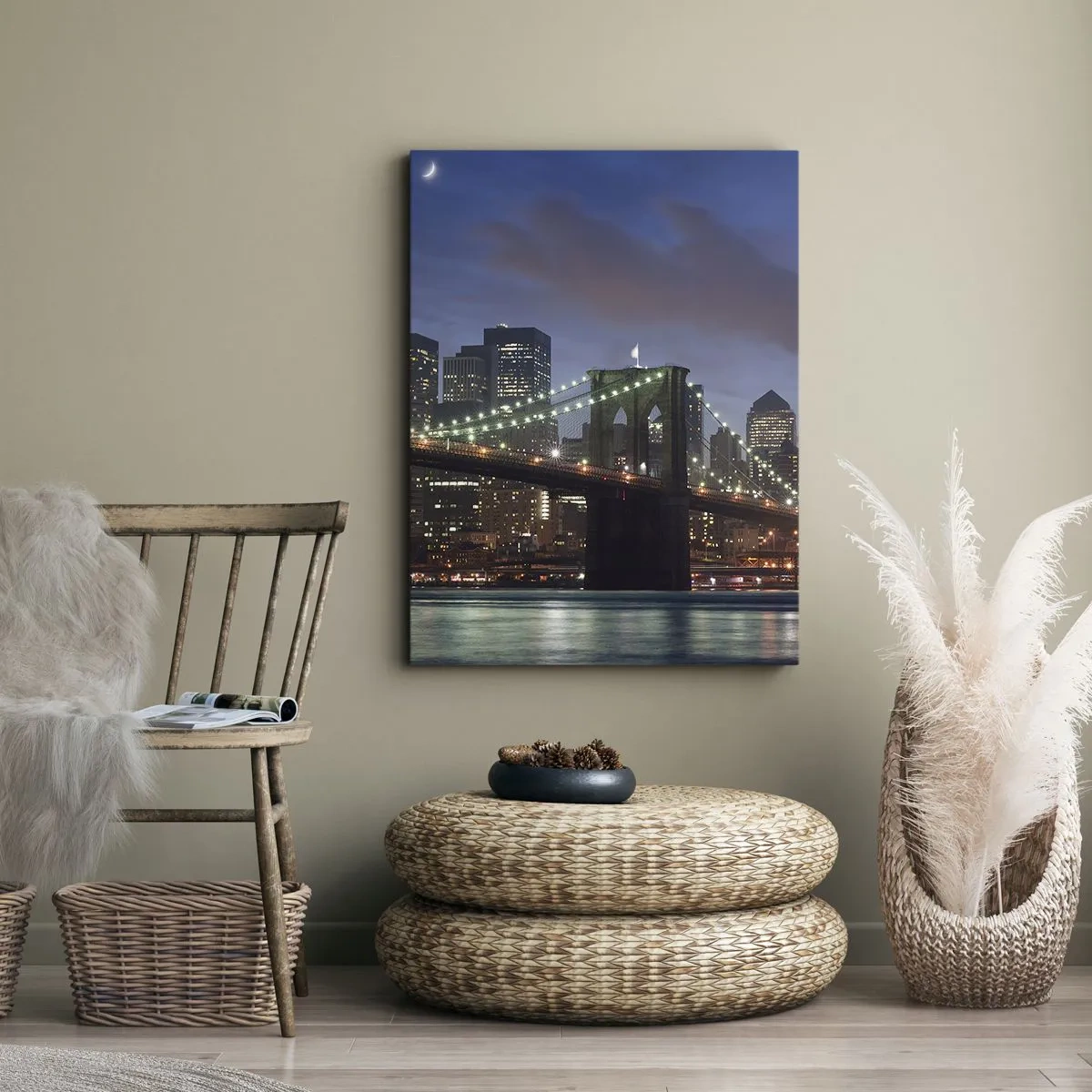Impression sur toile - Image sur toile - Pont de New York la nuit avec bâtiments illuminés - 50x70cm - Nuit rougeoyante - Décoration murale moderne pour le salon et la chambre ARTTOR