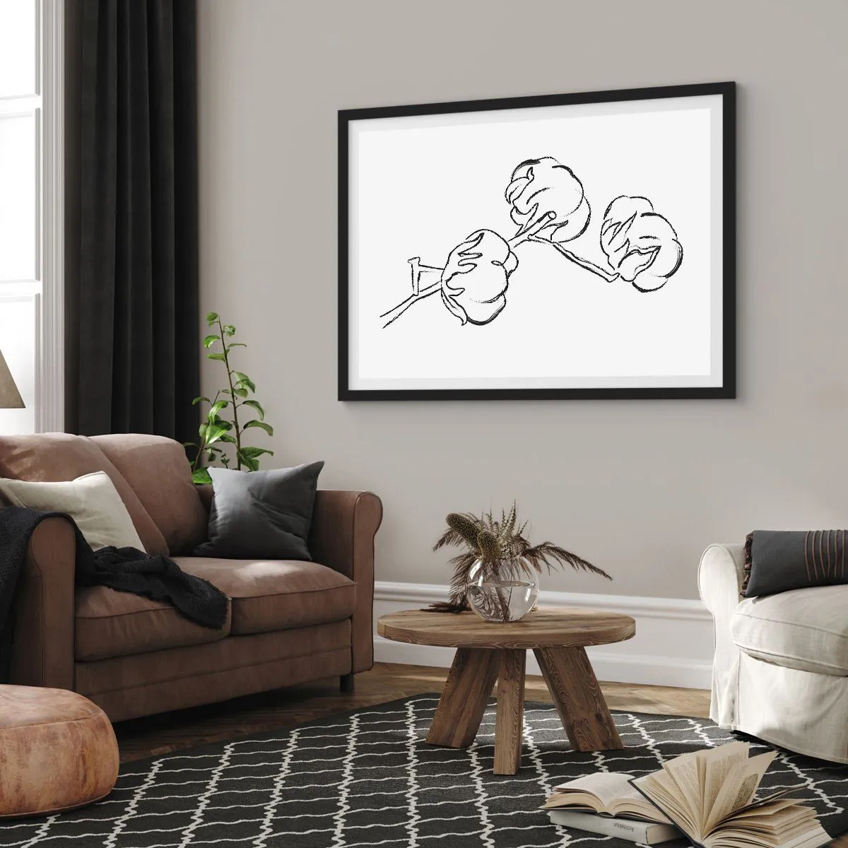 Affiche dans un cadre noir - Poster - Un contour délicat d'une branche de coton sur fond blanc - 70x50cm - Duvet de coton - Décoration murale moderne pour le salon et la chambre ARTTOR