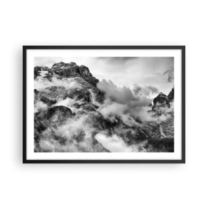 Affiche dans un cadre noir - Poster - Vue en noir et blanc de montagnes entourées de nuages - 70x50cm - Belle et cruelle - Décoration murale moderne pour le salon et la chambre ARTTOR