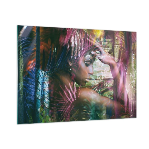 Impression sur verre - Image sur verre - Portrait d'une femme parmi les feuilles tropicales et les reflets de lumière. - 100x70cm - Dame Nature dans la jungle - Décoration murale moderne pour le salon et la chambre ARTTOR