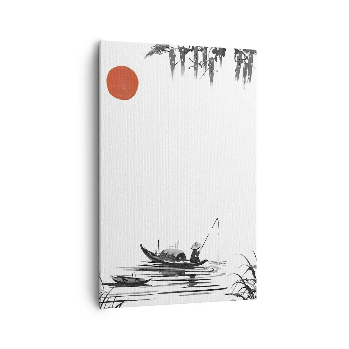 Impression sur toile - Image sur toile - Paysage oriental avec un pêcheur sur un bateau et un soleil rouge - 80x120cm - Après-midi asiatique - Décoration murale moderne pour le salon et la chambre ARTTOR