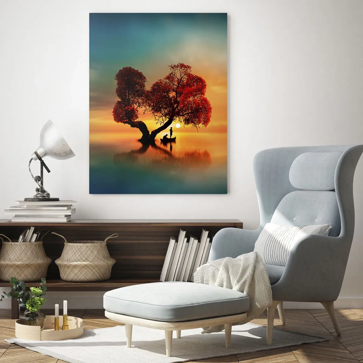 Impression sur verre - Image sur verre - Un arbre à feuilles rouges et un bateau sur l'eau au coucher du soleil - 70x100cm - Plénitude et éloignement sans monde - Décoration murale moderne pour le salon et la chambre ARTTOR