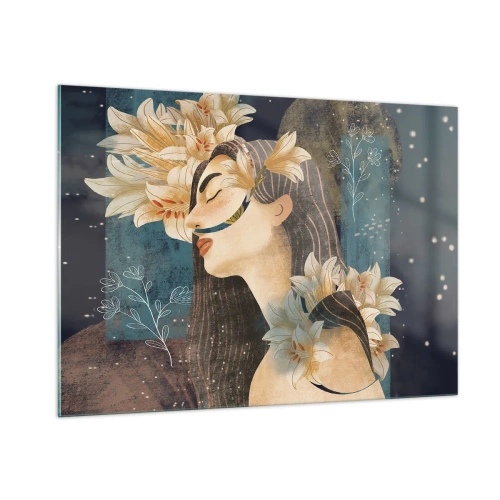 Impression sur verre - Image sur verre - Une figure féminine avec des lys dans un style de conte de fées - 100x70cm - Conte de fée sur la princesse lilas - Décoration murale moderne pour le salon et la chambre ARTTOR