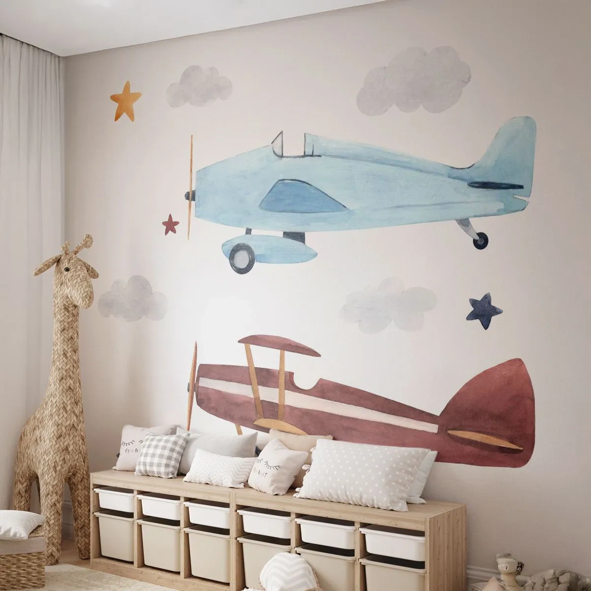 Papier Peint Photo Premium Sand - Monsieur le pilote, nous vous attendons ! - Avions, Rétro, Enfants - 150x105 cm