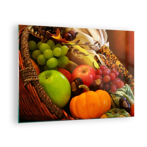 Impression sur verre - Image sur verre - Un panier rempli de fruits et légumes dans un arrangement d'automne - 70x50cm - Panier de récolte - Décoration murale moderne pour le salon et la chambre ARTTOR