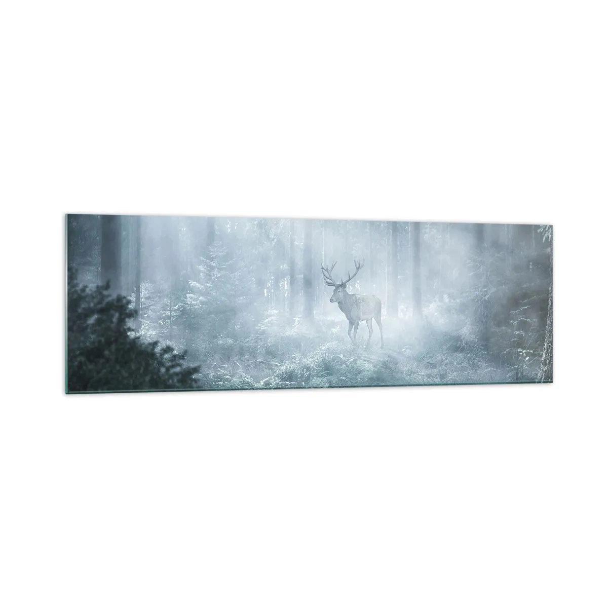 Impression sur verre - Image sur verre - Un cerf dans une forêt dense enveloppée de brume matinale - 160x50cm - Visite matinale du domaine - Décoration murale moderne pour le salon et la chambre ARTTOR