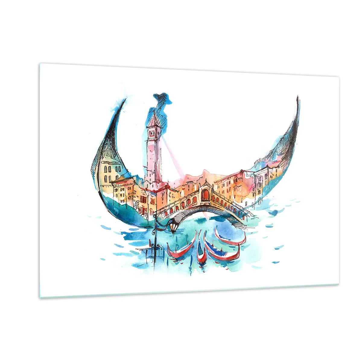 Impression sur verre - Image sur verre - Panorama aquarelle de Venise sous la forme d'un masque - 120x80cm - Nous naviguons à travers la ville - Décoration murale moderne pour le salon et la chambre ARTTOR