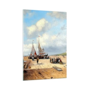 Impression sur verre - Image sur verre - Bateaux de pêche sur la plage avec des figures humaines - 70x100cm - Après une capture réussie - Décoration murale moderne pour le salon et la chambre ARTTOR