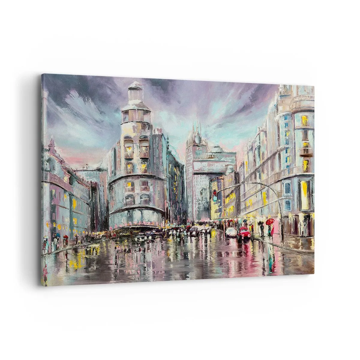 Impression sur toile - Image sur toile - Vue nocturne de la ville avec des reflets sur la rue mouillée - 120x80cm - Ce sera une soirée réussie - Décoration murale moderne pour le salon et la chambre ARTTOR