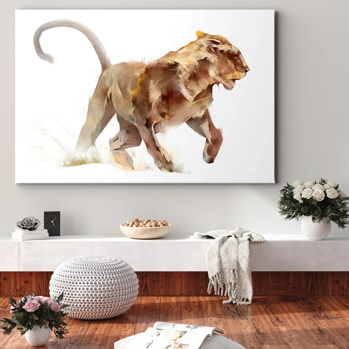 Impression sur toile - Image sur toile - Une lionne qui court dans une interprétation artistique - 100x70cm - Grâce sauvage - Décoration murale moderne pour le salon et la chambre ARTTOR