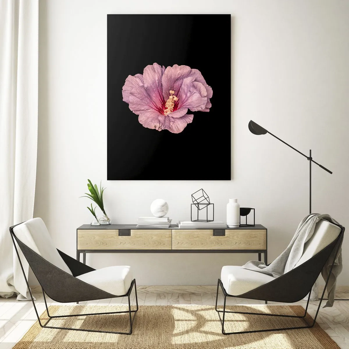 Impression sur verre - Image sur verre - Gros plan d'une fleur d'hibiscus rose sur fond noir - 50x70cm - Directement au coeur - Décoration murale moderne pour le salon et la chambre ARTTOR
