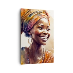 Impression sur toile - Image sur toile - Portrait d'une femme souriante dans un foulard coloré à l'aquarelle - 80x120cm - reine africaine - Décoration murale moderne pour le salon et la chambre ARTTOR