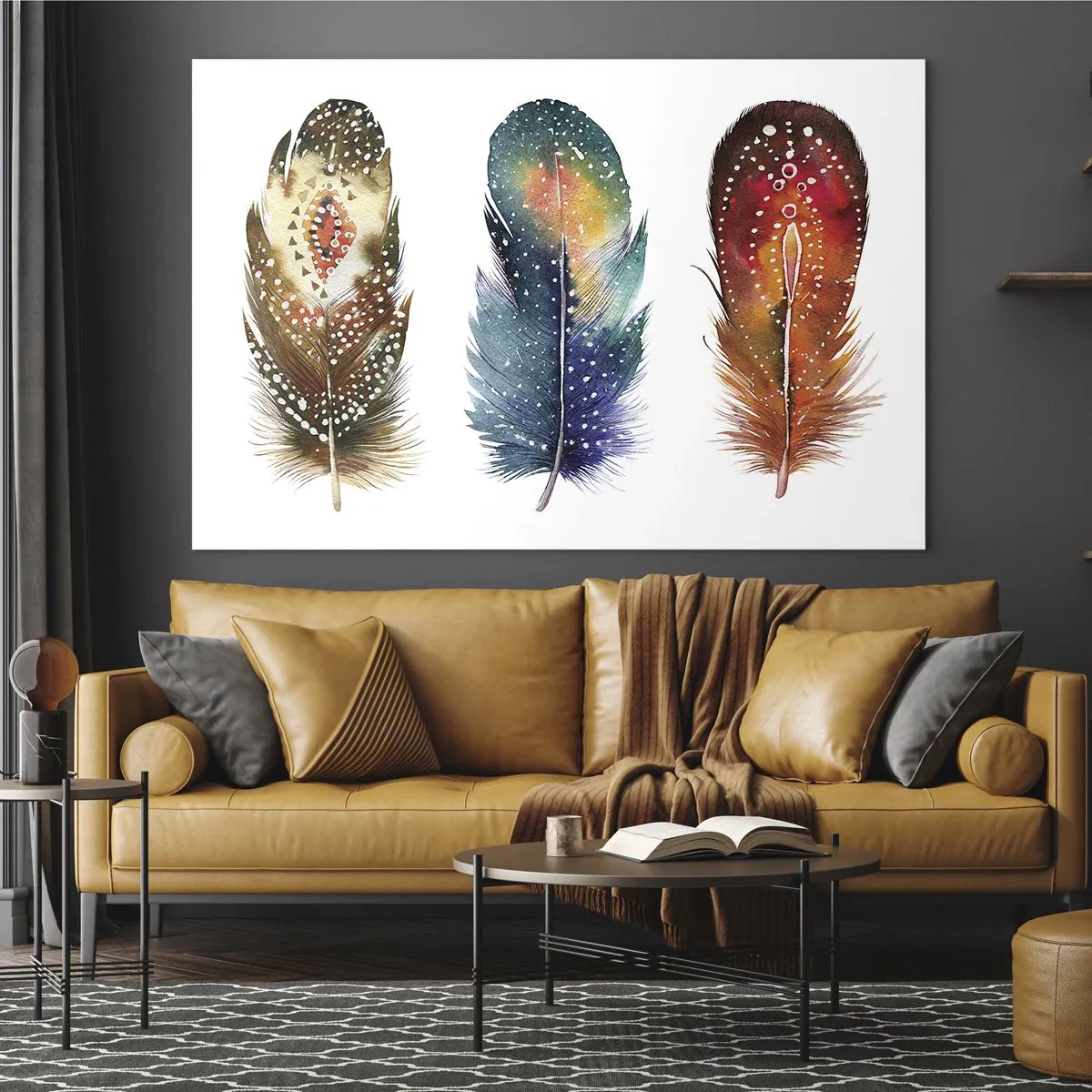 Impression sur verre - Image sur verre - Trois plumes colorées aux motifs ethniques - 100x70cm - Rituels, cérémonies, secrets - Décoration murale moderne pour le salon et la chambre ARTTOR