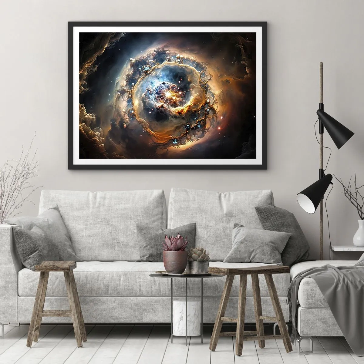 Affiche dans un cadre noir - Poster - Une vision abstraite d'une explosion cosmique dans des tons d'or et de bleu. - 70x50cm - Le début - Décoration murale moderne pour le salon et la chambre ARTTOR