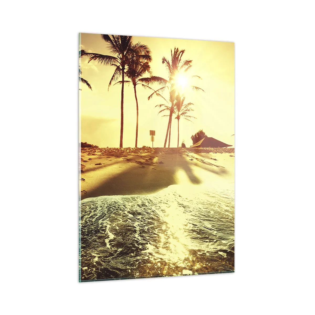 Impression sur verre - Image sur verre - Plage dorée avec palmiers au coucher du soleil et mer calme - 50x70cm - Après-midi californien - Décoration murale moderne pour le salon et la chambre ARTTOR