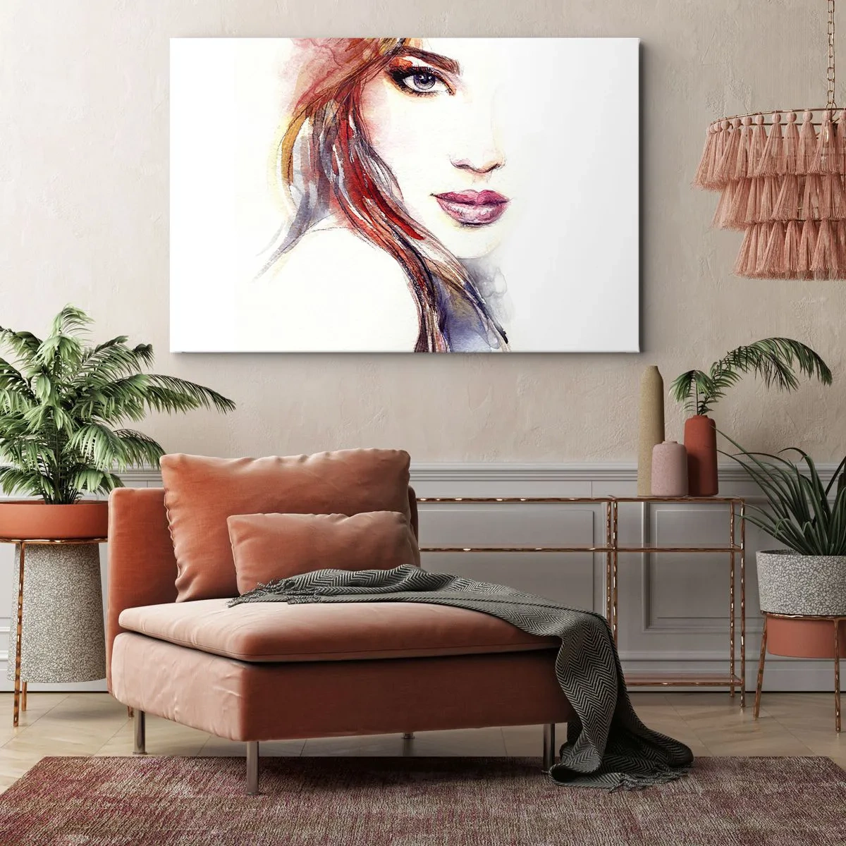 Impression sur toile - Image sur toile - Une aquarelle subtile du visage d'une femme au regard expressif. - 70x50cm - Vademecum - suivez-moi - Décoration murale moderne pour le salon et la chambre ARTTOR