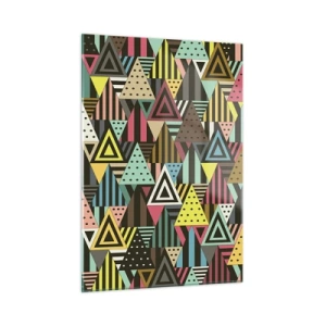 Impression sur verre - Image sur verre - Une composition abstraite avec des triangles aux couleurs intenses. - 50x70cm - En rythme de trois - Décoration murale moderne pour le salon et la chambre ARTTOR