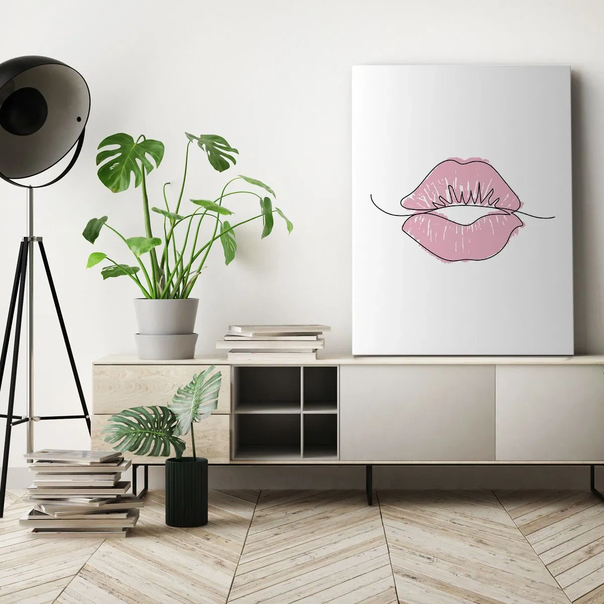 Impression sur toile - Image sur toile - Dessin minimaliste des lèvres dans une teinte rose - 50x70cm - Prêt à l'embrassade? - Décoration murale moderne pour le salon et la chambre ARTTOR