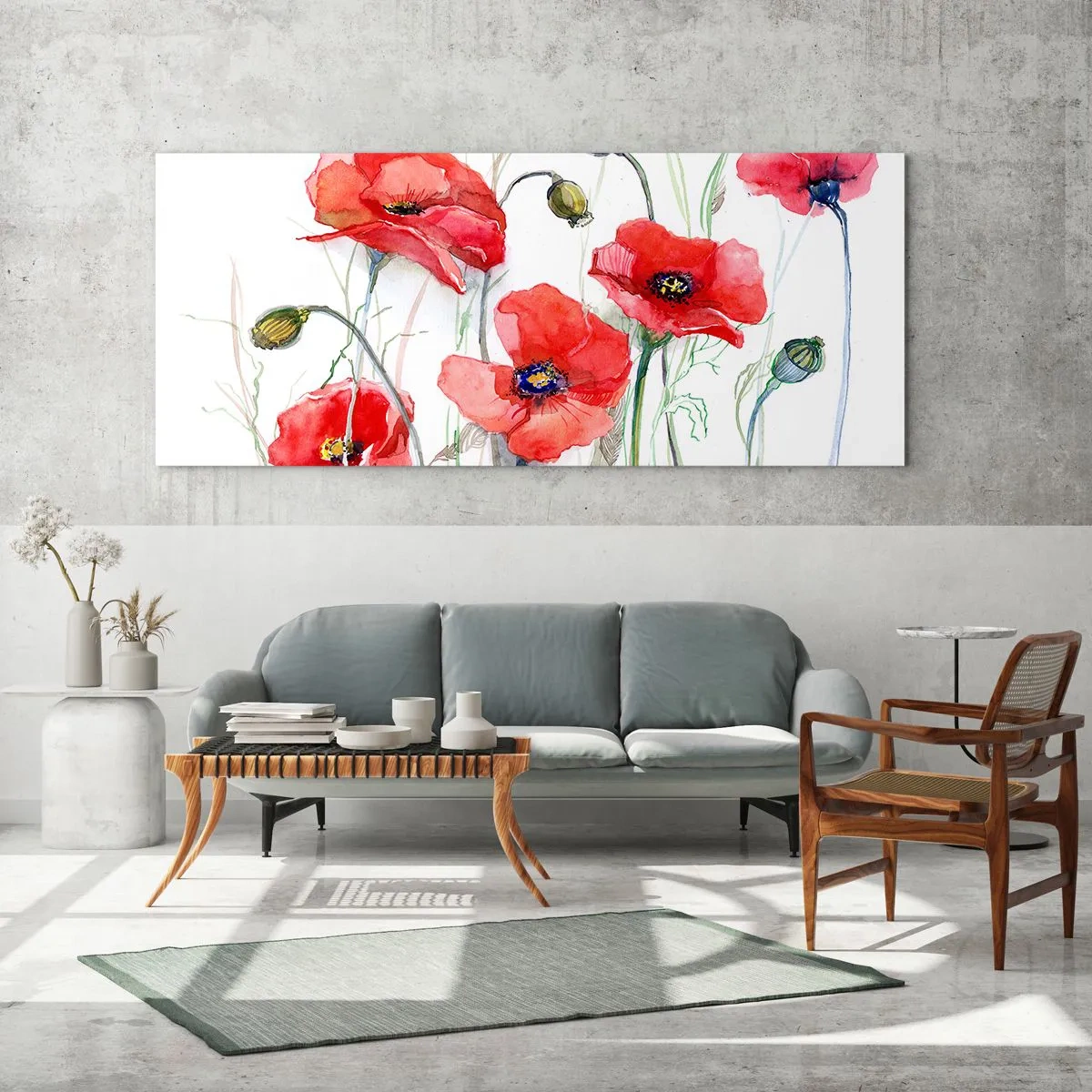 Impression sur verre - Image sur verre - Coquelicots à l'aquarelle sur un fond délicat - 160x50cm - Fleurs polonaises - Décoration murale moderne pour le salon et la chambre ARTTOR