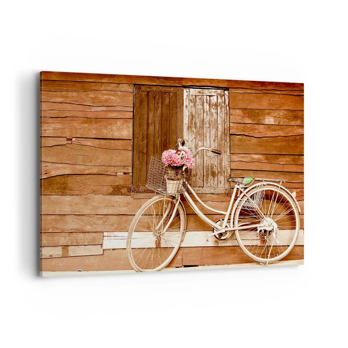 Impression sur toile - Image sur toile - Un vélo avec un panier rempli de roses contre un mur en bois - 120x80cm - Je reviens tout de suite - Décoration murale moderne pour le salon et la chambre ARTTOR