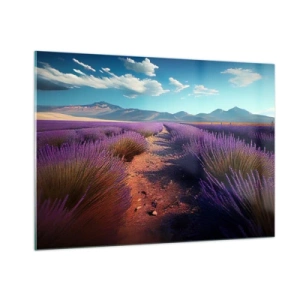 Impression sur verre - Image sur verre - Champs de lavande au coucher du soleil avec vue sur les montagnes - 100x70cm - Champs parfumés - Décoration murale moderne pour le salon et la chambre ARTTOR